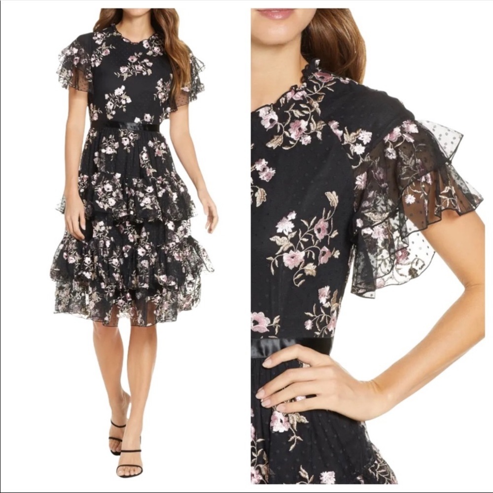 RACHEL PARCELL Black Floral Embroidered Tiered Mesh Dress